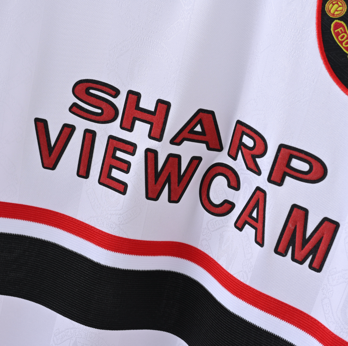 Manchester United 1997/98 Away Jersey — SHARP VIEWCAM x Umbro in White & Red Precision