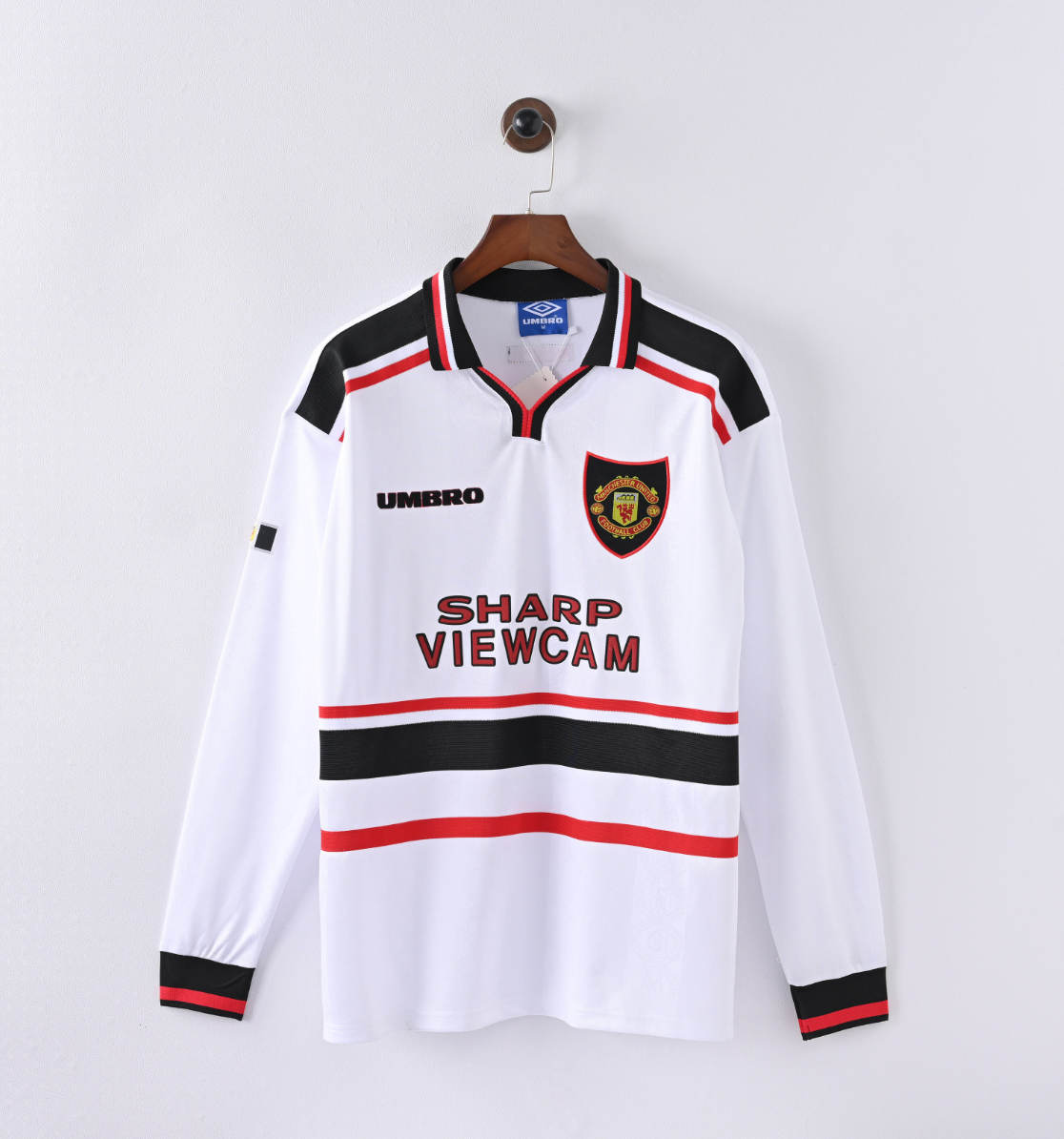 Manchester United 1997/98 Away Jersey — SHARP VIEWCAM x Umbro in White & Red Precision