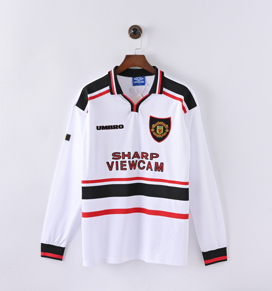 Manchester United 1997/98 Away Jersey — SHARP VIEWCAM x Umbro in White & Red Precision