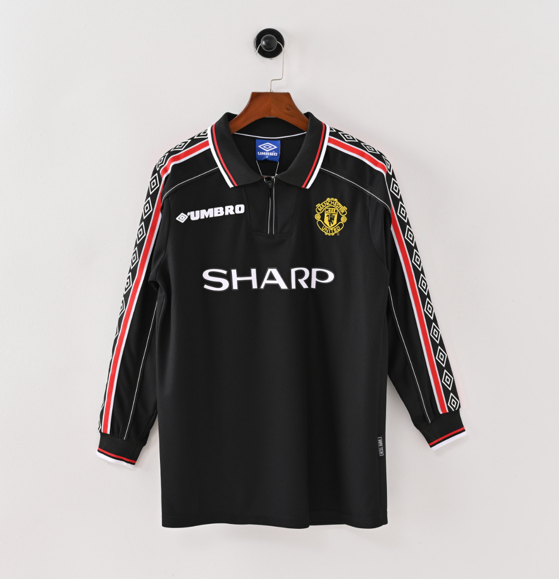 Manchester United 1995/96 Away Jersey — SHARP x Umbro in Black with Red Power Stripes